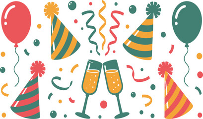 Celebration party with balloons, champagne glasse,s and party hats for festive occasions and happy new year