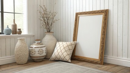 Rustic interior decor with vases, plants, and a decorative frame leaning against a wooden wall
