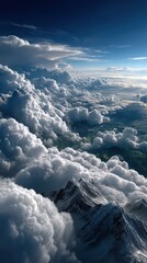 Ethereal Cloudscape Above Majestic Mountains with Clear Blue Sky and Rolling Hills in the Distance Captured in High Resolution