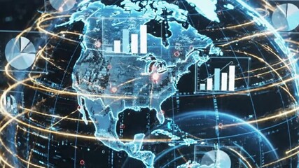 This dynamic animated stock video showcases a sophisticated digital rendition of Earth, enveloped by glowing golden lines symbolizing global network connections and data flow. Various futuristic bar a - Powered by Adobe