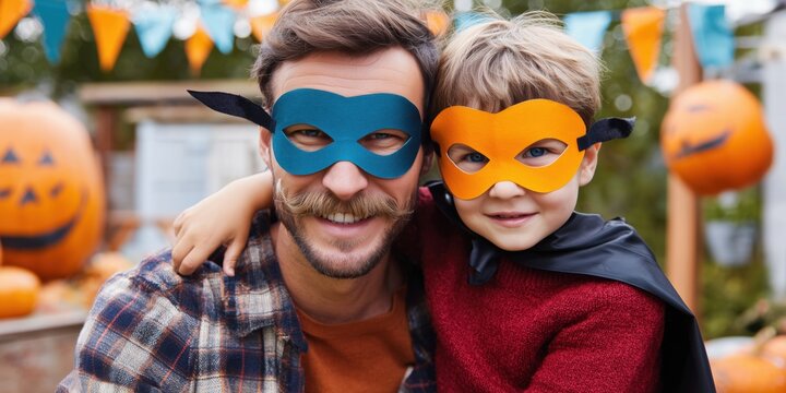 Smiling man and child wearing colorful superhero masks enjoying festive autumn celebration outdoors. Warm family moment with costumes, laughter and playful bonding at backyard Halloween party.
