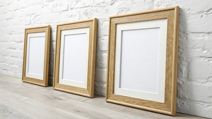 Three empty wooden frames arranged on a shelf against a white brick wall