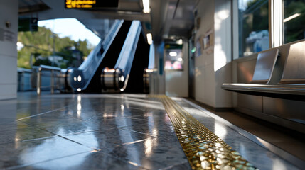 The sleek lines and glossy surfaces of a contemporary train station offer an inviting atmosphere for travelers, enhanced by natural light streaming through large windows.