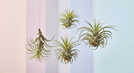 Four Tillandsia air plants hanging gracefully in the air.