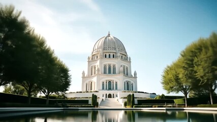 Serene view of a grand dome structure surrounded by lush greenery and water