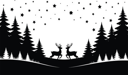 Silhouette Christmas trees with deer and stars, winter scene, holiday forest landscape vector illustration