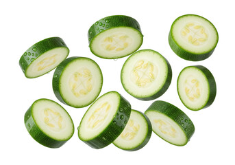 Fresh Zucchini Slices with Water Drops Isolated on White Background