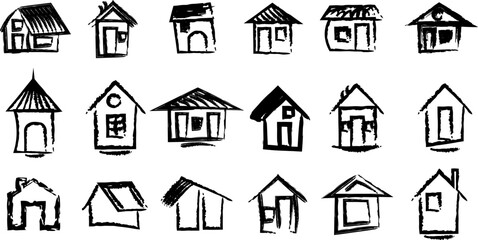 Collection of Hand Drawn Black Houses on White Background home building related to hand drawn, sketchy houses, black sketches, house illustration, roof designs, window styles, vintage houses, © JOYNAB