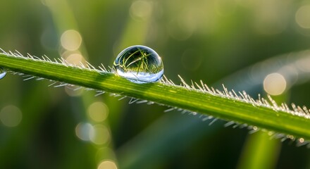 Macro shot of dewdrop reflecting green nature on a bristly grass stem in morning light