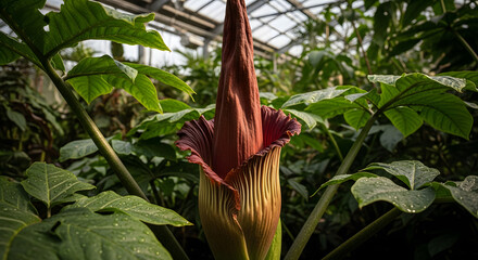 Close-up of a striking Amorphophallus titanum also known as the corpse flower with its distinctive spathe and spadix.