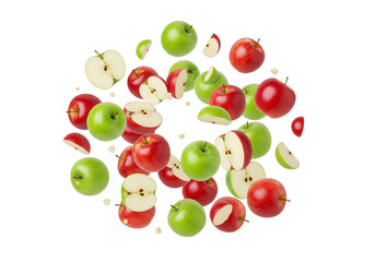 Dynamic Burst of Fresh Red and Green Apples with Halves and Slices Isolated on White