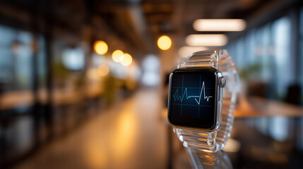 closeup of a smartwatch displaying a subtle heart rate graph during a break office corridor defocused soft ambient light top band clear wellness at work sma