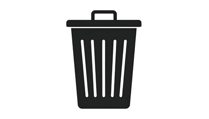 Black trash receptacle icon, with handle on lid, against white