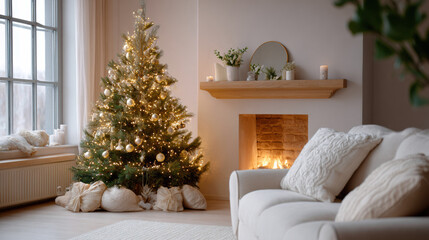 Cozy living room interior with decorated Christmas tree beside warm fireplace. serene home design creates peaceful holiday celebration atmosphere for winter season