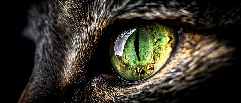 Intense  of a cat's eye reveals intricate detail, showcasing a vibrant green iris with a vertical, slit-shaped pupil reflecting light, surrounded by textured fur and set against a dark, contrasting...