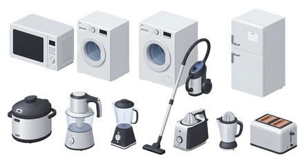 Collection of modern home appliances isolated on white background. Includes washing machines, refrigerator, microwave oven, vacuum cleaner, rice cooker, blenders, toaster, juicer, and coffee maker.