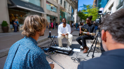 A lively street scene featuring musicians engaged in a captivating performance, surrounded by an audience in a vibrant urban setting, showcasing creativity and connection.