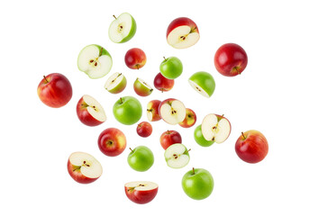 Dynamic Red and Green Apples: Fresh Whole and Sliced Fruits Floating on Pristine White Background