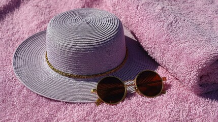 Straw Sun Hat And Round Sunglasses Resting On Pink Textured Surface