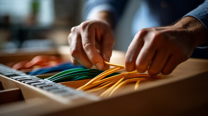 side angle of fingers sorting color coded cables into a drawer organizer background storage defocused tactile matte surfaces negative space above cable