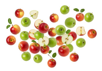 Vibrant Red and Green Apples Heart Shape. Fresh whole and cut fruit with leaves, isolated on white background.