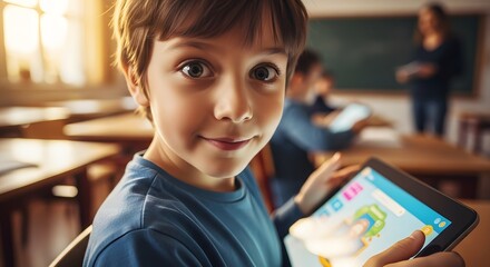 Boy using tablet in classroom with teacher and other students in background during lesson time