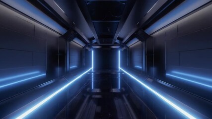 futuristic corridor with neon blue lights, symmetrical sci-fi stage design, glowing beams perspective, dark modern atmosphere, cinematic dramatic lighting, high-tech abstract environment - Powered by Adobe