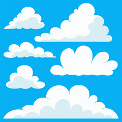 Diverse collection of fluffy cumulus cloud shapes set against a clear blue sky
