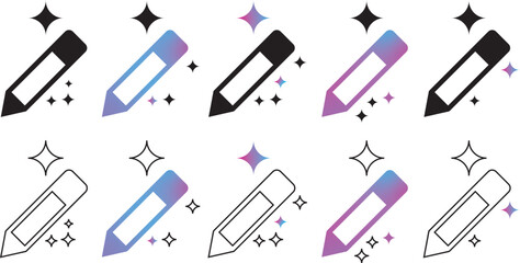 
AI writing or smart edit icon set. editing pen sparkle stars symbol. pencil compose symbol with sparkle stars. Artificial intelligence, intelligent content creation, seo, writing, or smart tools. Vec
