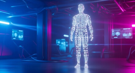 Holographic human figure standing in a futuristic room with blue and pink lighting effects