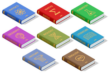 Isometric set of colorful subject textbooks physics, math, chemistry, biology, literature, history, geography, and English.