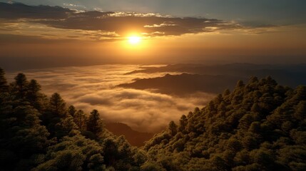 Majestic Sunset Over Mountains with Fog and Lush Green Trees in a Serene Natural Landscape