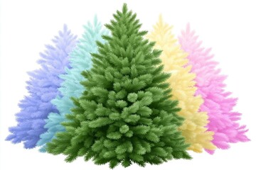 Colorful artificial Christmas trees in various pastel shades arranged in a visually appealing display, showcasing festive decor options for the holiday season