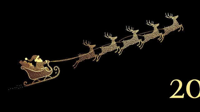 Adorable fondo de dibujos animados  en movimiendo de Santa Claus en trineo dorado tirado por renos sobre un fondo de cielo negro con numero dorado 2026