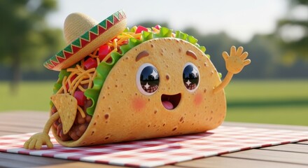 Friendly animated taco character wearing a sombrero cheerfully waving hello sitting on a table cute taco