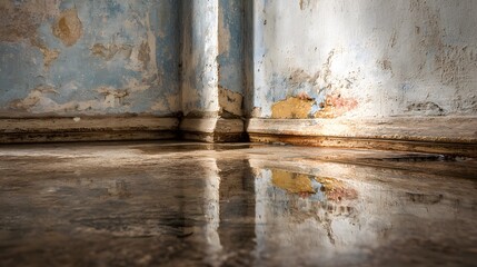 Stark, realistic photograph of a damp basement corner showing significant water damage, with pools of water and crumbling plaster on walls.