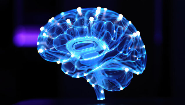 A luminous 3D brain glows electric blue against a dark background, with bright nodes and flowing connections symbolizing neural activity, intelligence, and cutting‑edge neuroscience or AI.