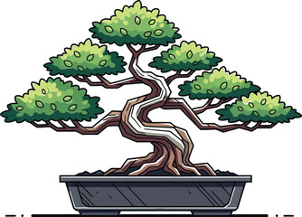 Cartoon bonsai tree with green leaves in a gray pot against a white background creating a peaceful and zenlike aesthetic for design projects
