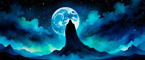 Watercolor night sky with moon and mountain silhouette. Mysterious figure in cloak under shining moon. Dreamy blue landscape with stars and moonlight.