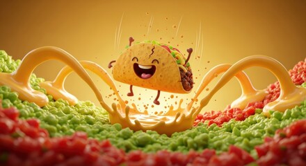 An exciting illustration of a delicious jumping cute taco splashing into savory melted cheese sauce