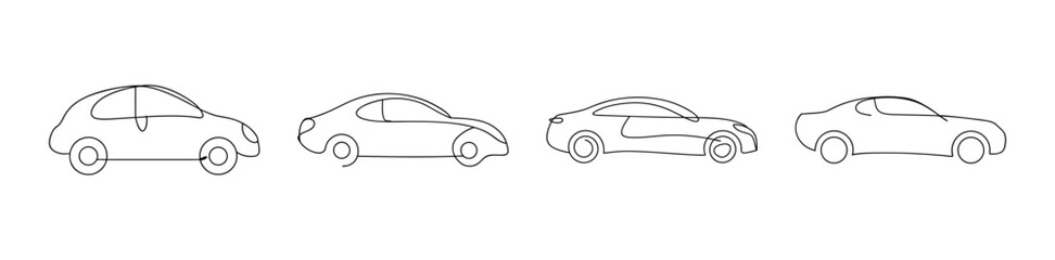 Naklejka premium Four distinct stylized line drawings of hybrid cars showcasing eco-friendly automotive design and technology concepts.