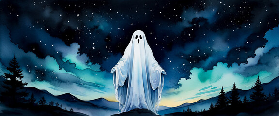 Watercolor ghost under starry night sky. Halloween ghost illustration with forest silhouette. Spooky ghost in mystical night scene. Ethereal ghost standing beneath glowing stars.