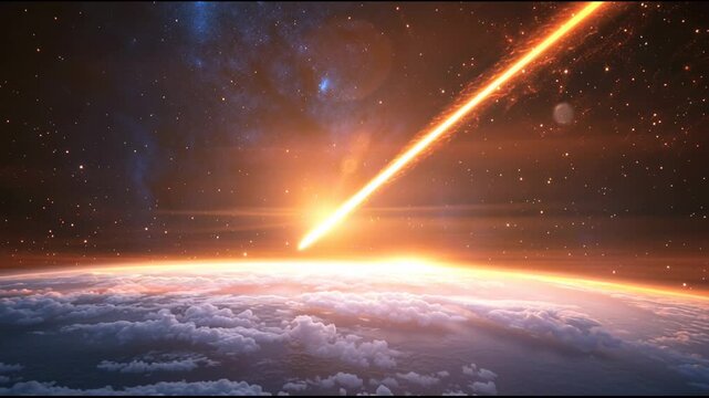 Fiery asteroid entering Earth's atmosphere, causing destruction