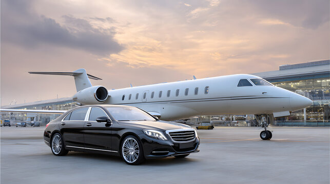 private jet arrival car pickup luxury lifestyle concept