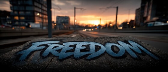 Urban Sunset Scene Featuring Graffiti with the Word Freedom on a Concrete Surface with City Background and Dramatic Sky