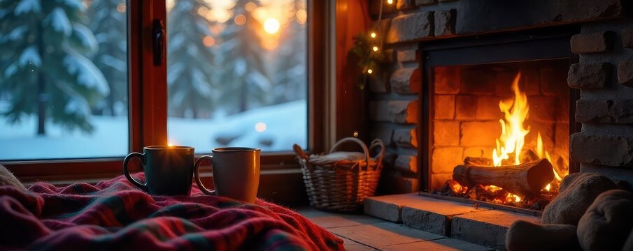 Cozy cabin scene bathed in warm evening light, featuring a crackling fireplace, mugs, and a plaid blanket Perfect for evoking feelings of Canadian wilderness and winter comfort , warm, drinks