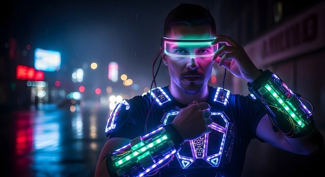 Man adjusting neon visor in futuristic city with led lights on clothing and arm gear at night - Powered by Adobe