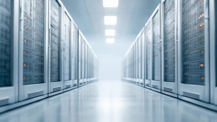 Powerful server room displaying networked infrastructure, glowing led indicators processing extensive digital data streams across cutting edge technological environment - Powered by Adobe