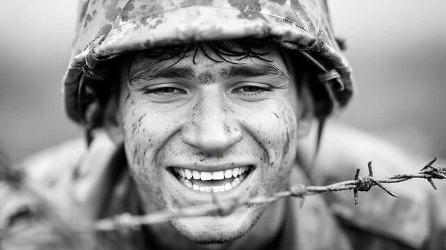 Young soldier facing barbed wire training