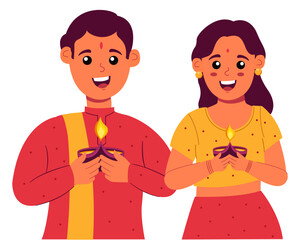 couple holding oil diya celebrating Diwali festival of lights diwali celebration vector illustration